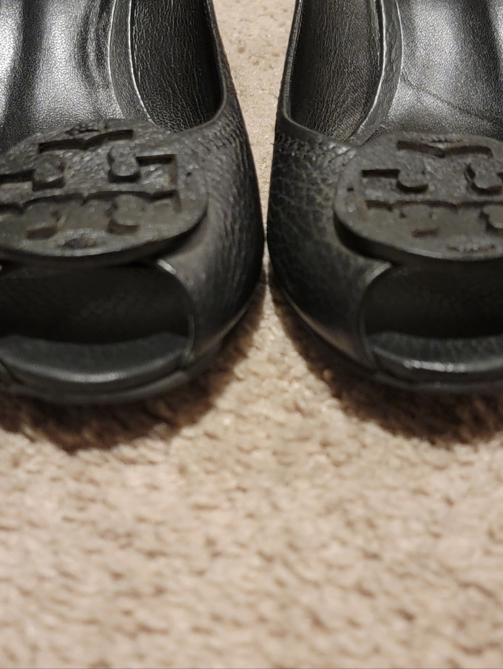 Tory Burch Sally 2 Black Leather Wedges Peep Toe Heels Size 9.5 - Picture 7 of 10